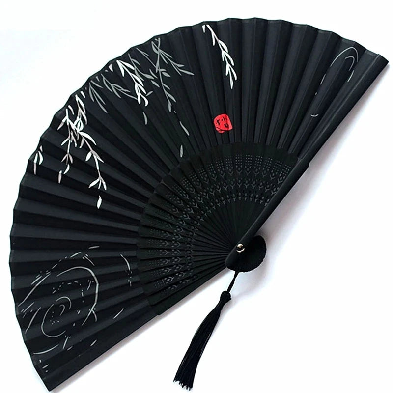 Chinese Bamboo Silk Hand Folding Fan Black