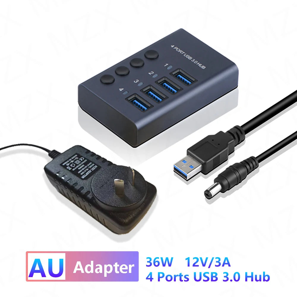 MZX USB 3.0 Hub Aluminum Multi Port Splitter with Power Adapter and Switch