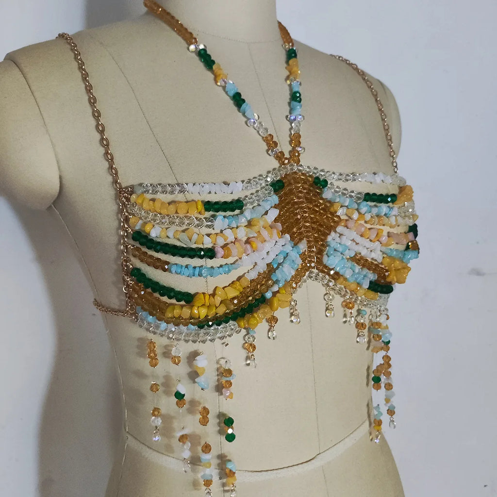 Women Handmade Hollow Out Irregular Multi Beaded Body Chain Halter Romantic Bra Tassel Backless Beachwear for  Music Festivals