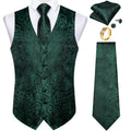 Fashion Green Paisley Vest for Man Business Festival Dress Fit Men's Waistcoat Luxury Silk Necktie Pocket Square Cufflinks Ring