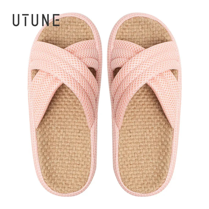 UTUNE Linen Women Slippers Outdoor Summer Mute Light Vacation Travel Comfortable Shoes Anti-slip Flat Thick Sole Home Slides