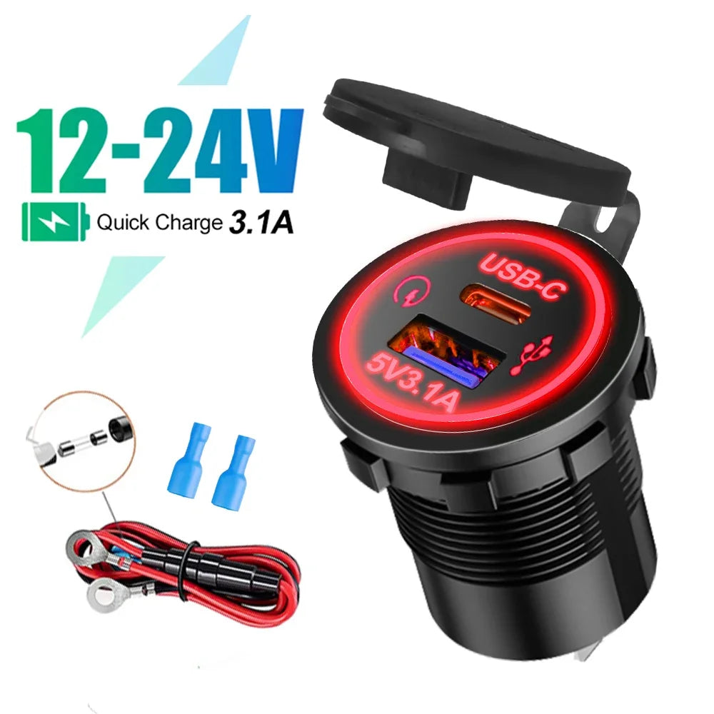 Universal Motorcycle Car Charger LED Light USB TYPE-C Charger Power Socket Cigarette Waterproof Light for Auto Truck ATV Boat