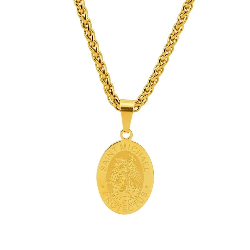 Saint Michael Pendant Necklace for Men Stainless Steel Christopher Medal Archangel Catholic Religious Boys Gift Jewelry