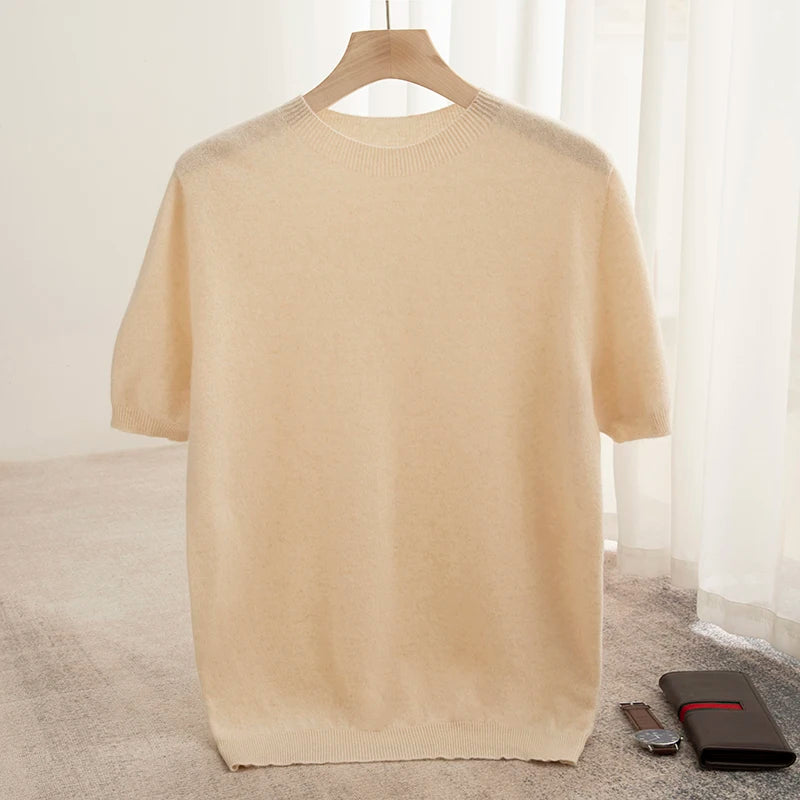 New Summer Autumn Men's 100% Merino Wool Pullover O-Neck Short Sleeve Jumper Cashmere Sweater Soft Casual Tops T Shirt