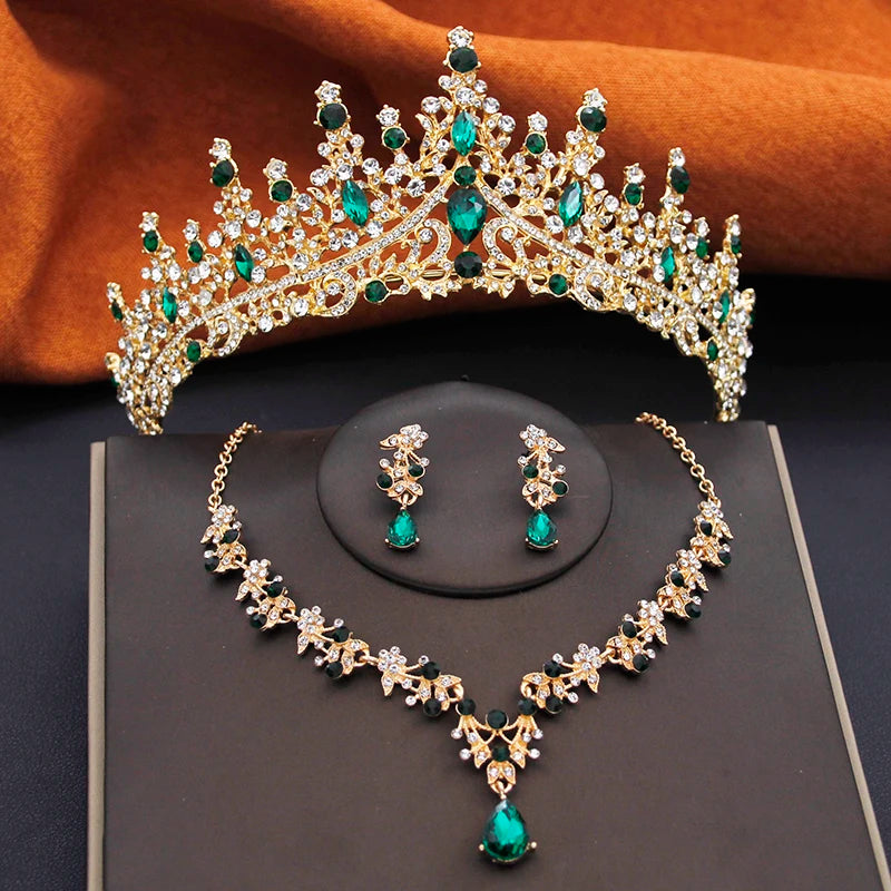 Elegant Bride Tiaras and Necklace Earrings Set Girls 3 pcs Party Birthday Bridal Sets Wedding Crown Jewelry Costume Accessories