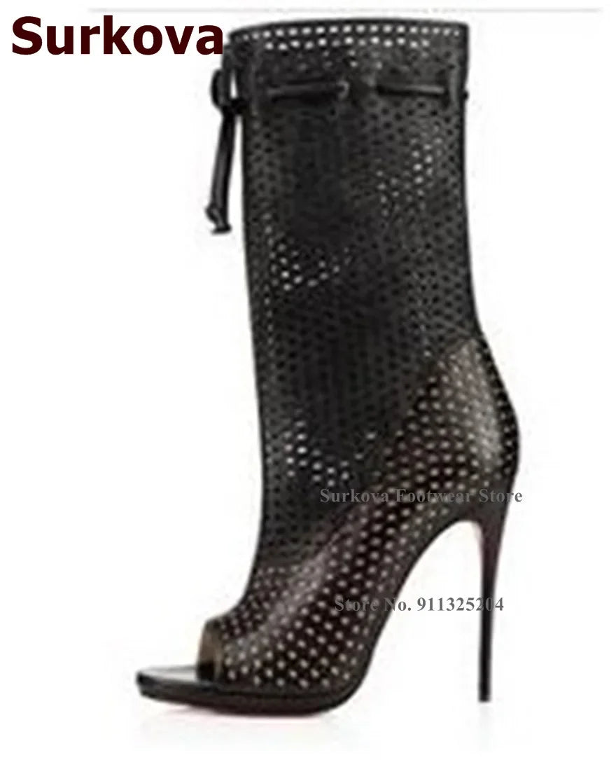 Surkova Royal Blue Suede Small Hole Cut-out Ankle Boots Thin High Heel Lace-up Dress Shoes Ruffle Caged Open Toe Sandals Booties