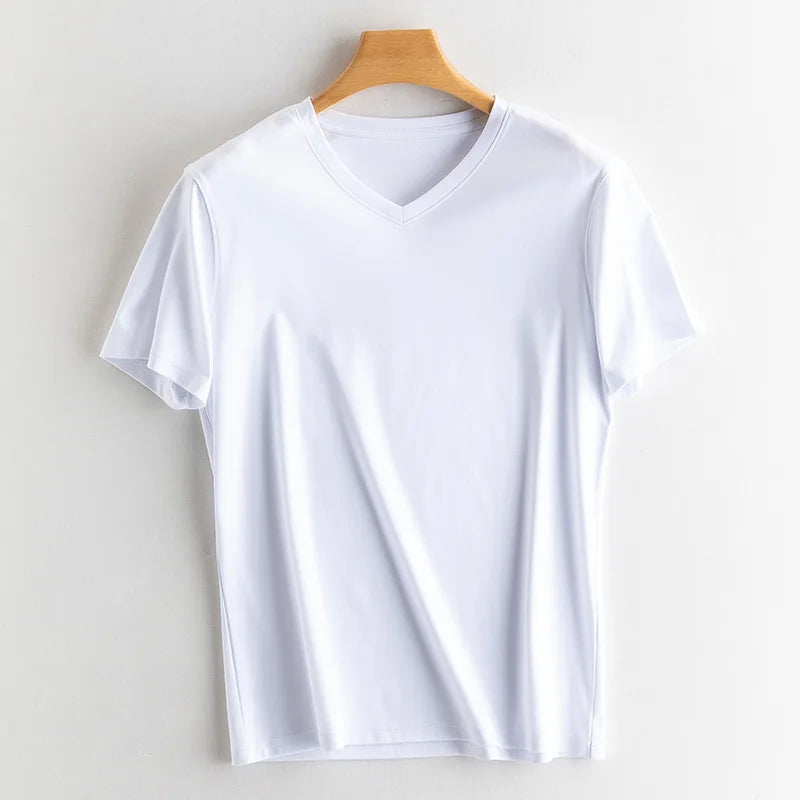 Birdtree 7% Silk 62% Cotton Short Sleeve T-Shirt Men Thin Loose Breathable Basic Solid Cultural T-Shirt 2024 Summer T41479QC
