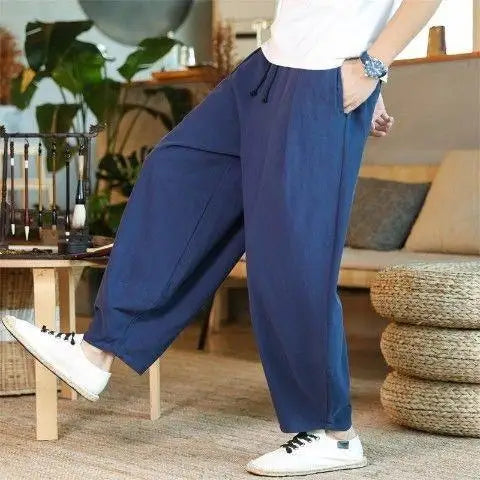 Fashion Summer Casual Pants For Mens Cotton Linen Loose Trousers Trendy Large Size Bloomers Male Home Tai Chi Wide Leg Pants 5XL
