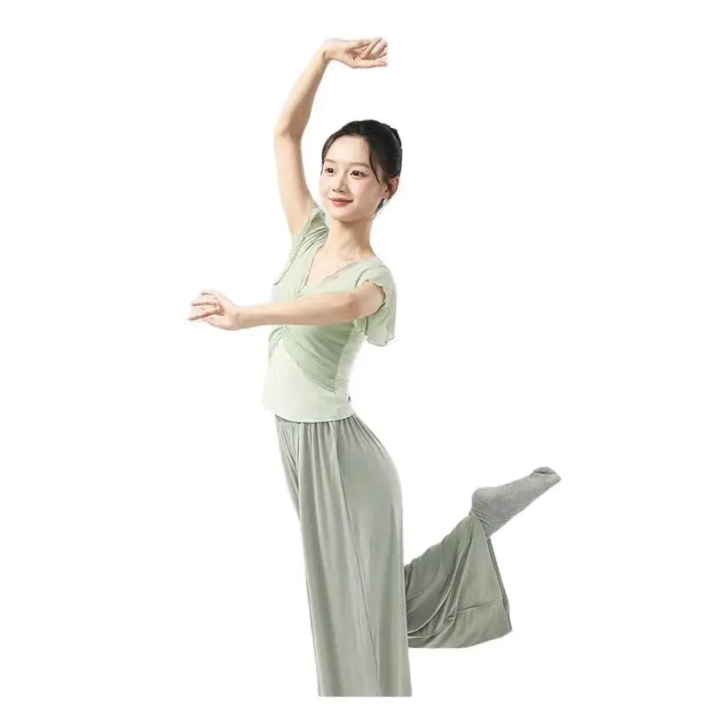 Dance Tops Women Modern Practice Clothes Dancewear Short Sleeved Gauze Pleated T-shirt Solid Color Stage Costume Top New Arrival