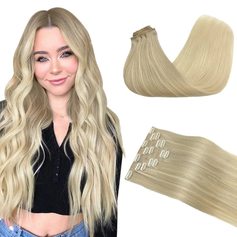 PU Clip in Extensions Human Hair Clip in Natural Thick Straight Hair Extensions Seamless Skin Weft Clip-on Hair Pieces 150G