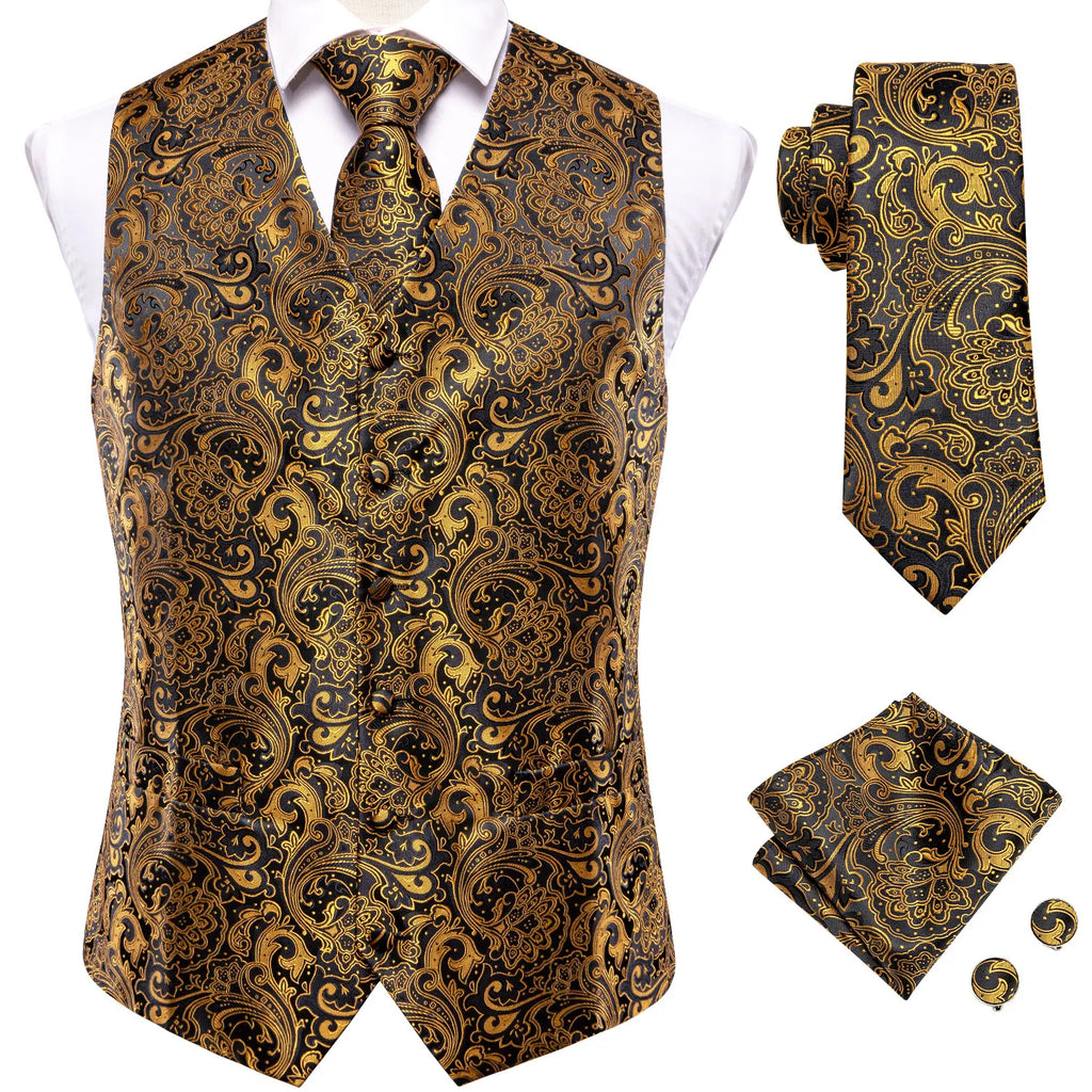 Hi-Tie Brand Silk Mens Vests Grey Black Gold Navy Blue Red Burgundy Jacquard Waistcoat Jacket NeckTie Hanky Cufflinks for Men
