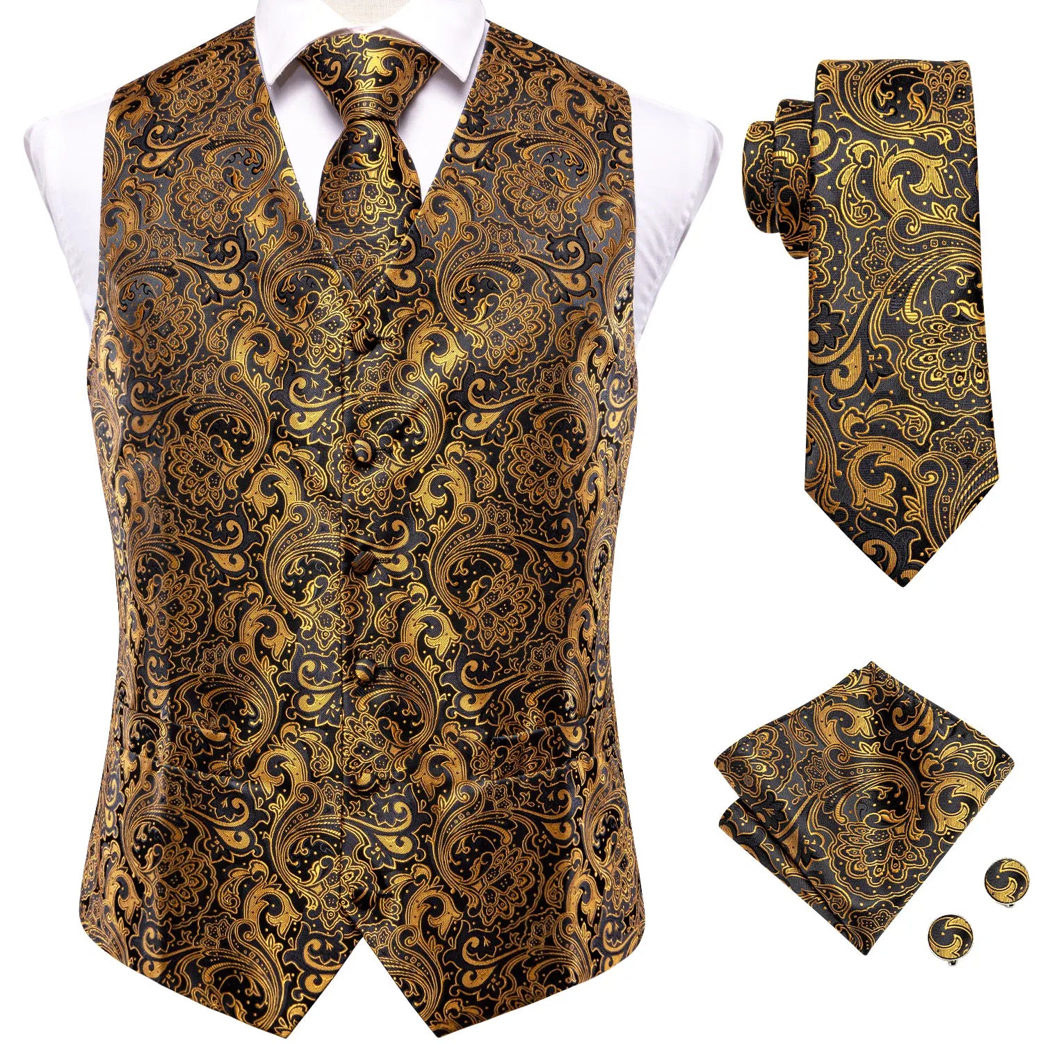 Hi-Tie Brand Silk Mens Vests Grey Black Gold Navy Blue Red Burgundy Jacquard Waistcoat Jacket NeckTie Hanky Cufflinks for Men