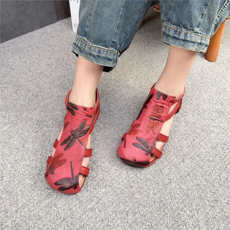 Johnature Genuine Leather Printed Roman Sandals 2025 Summer New Back Zippered Flat Hollow Round Toe Women's Shoes