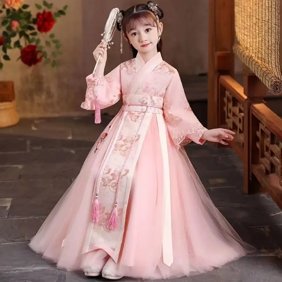 Chinese Traditional Folk Dance Dress Girls Pink Dance Fairy Costume Hanfu Girls Princess Dresses Set Kids Party Cosplay Clothing