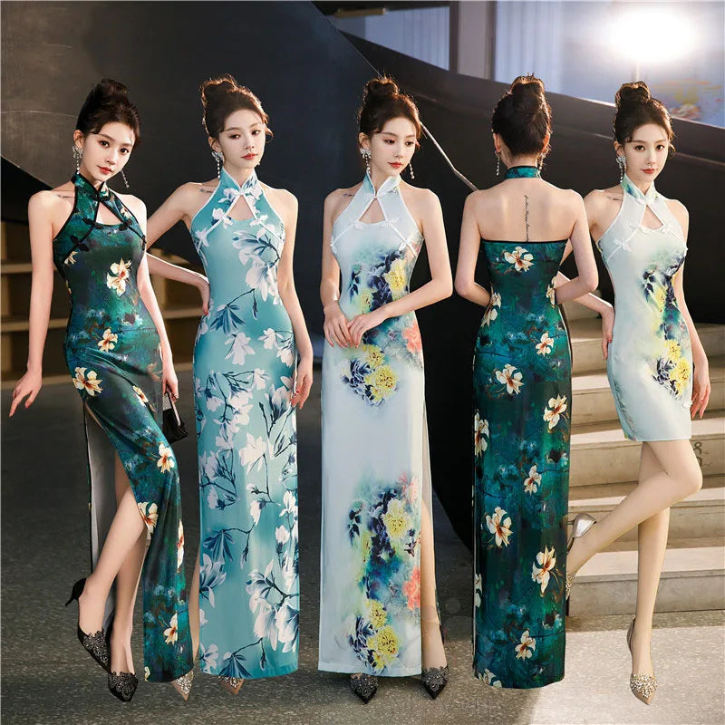 Green Blue Chinese National Cheongsam Women Summer Sexy Backless Dress Sleeveless Floral Vintage Dress Long Qipao S to 5XL