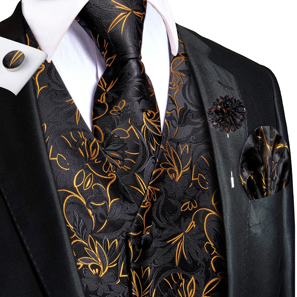Luxury Gold Black Silk Mens Vests Print Jacquard Waistcoat Tie Hanky Cufflinks Brooch Set for Men Wedding Formal Business Hi-Tie