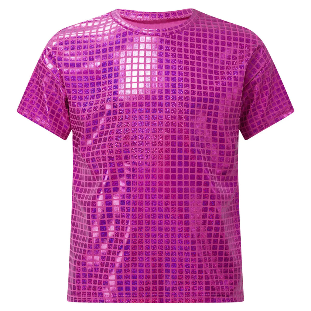 Boys Girls Shiny Plaid Sequins T-shirt Unisex Kids Short Sleeve Shirts Tops Cheerleading Street Dance Choir Stage Performance