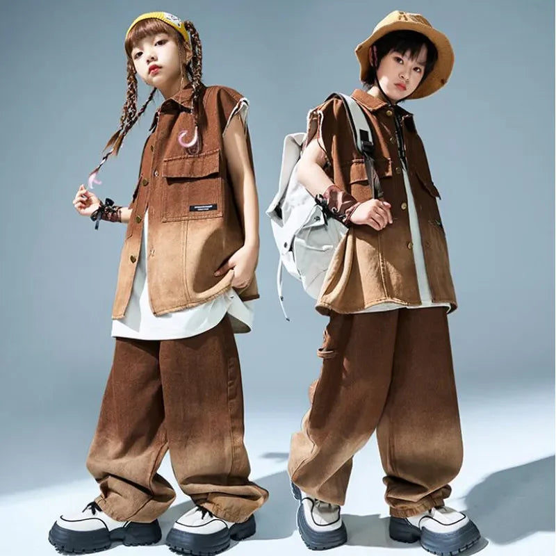 Sets Kids Showing Cool Tee Street Dance Child Jazz Costumes Boys Hip Hop Brown T-shirt Girls Loose Print Cargo Shorts Clothes