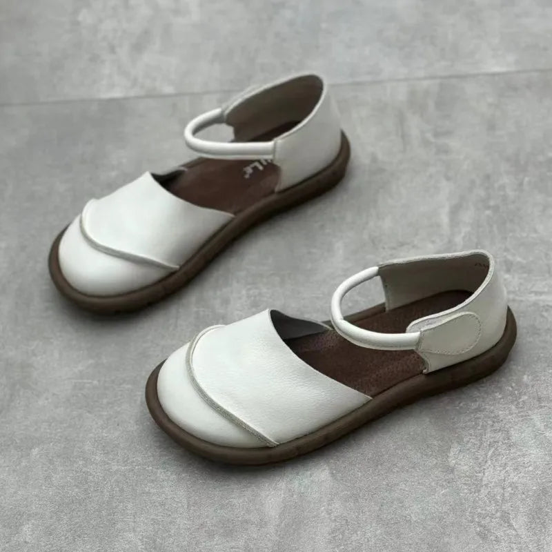 Johnature Retro Handmade Genuine Leather Flats Sandals 2025 Summer New Casual Versatile Comfortable Soft Sole Women's Shoes