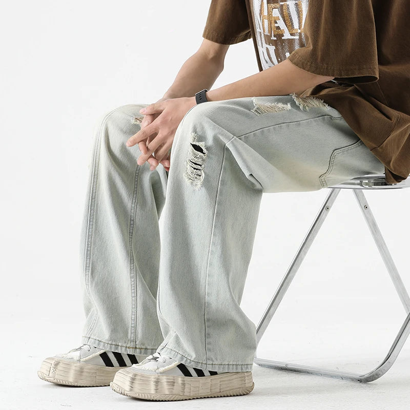 Men's Summer Ripped Jeans Loose Straight Leg