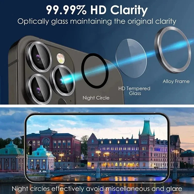 Detta är ett "3-2PCS Camera Lens Protector" för iPhone 17 Pro Max/17Pro/17Air med metallring och glasskydd. Produkten har en aluminiumlegerad ram med 3D-textur som både skyddar kameralinsen och ger telefonen en stilren look