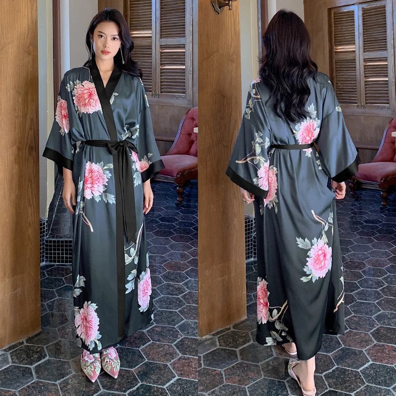 Print Flower Long Kimono Bathrobe Gown Sexy Women Half Sleeve Wedding Robe Nightgown Spring Summer Rayon Home Dress Sleepwear