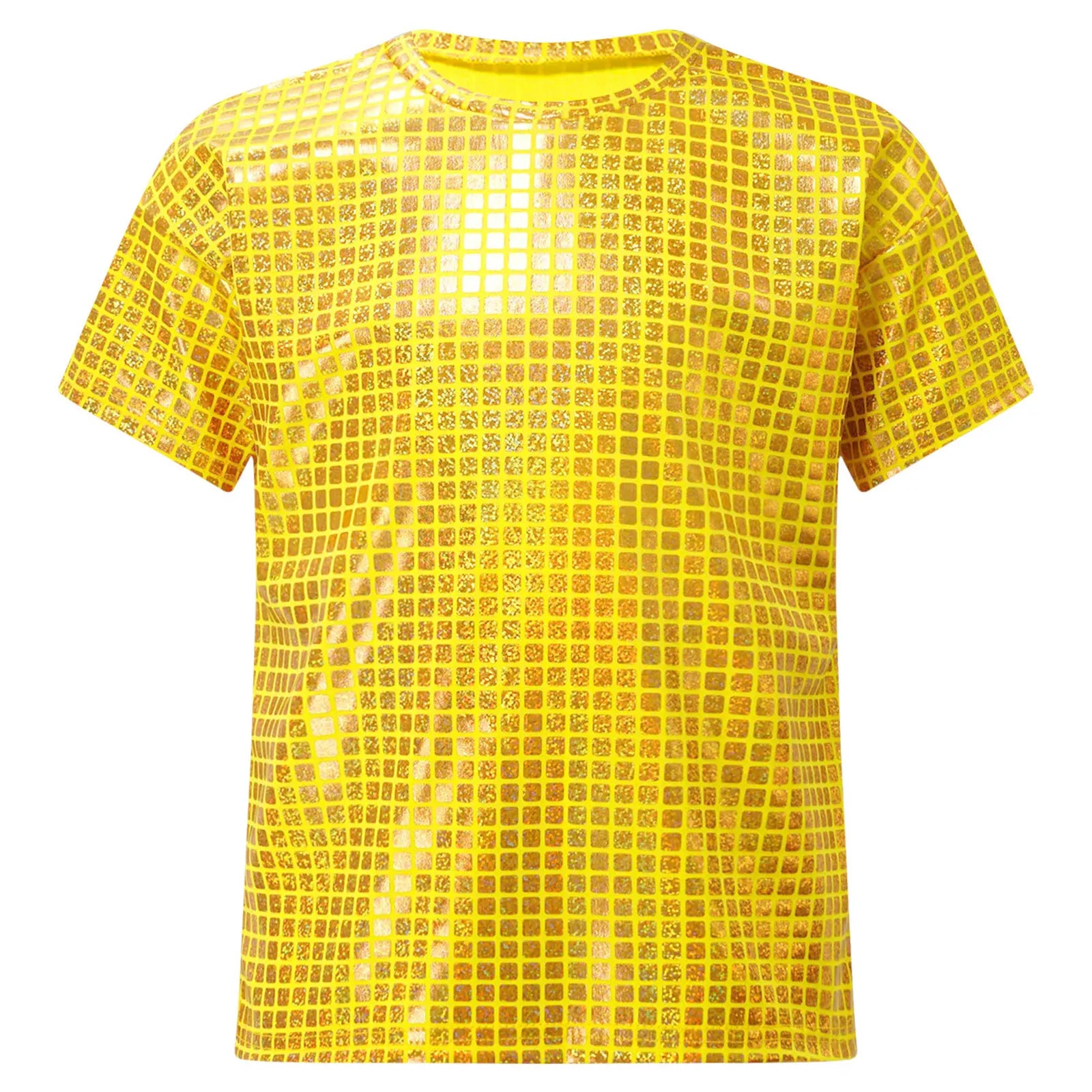 Boys Girls Shiny Plaid Sequins T-shirt Unisex Kids Short Sleeve Shirts Tops Cheerleading Street Dance Choir Stage Performance