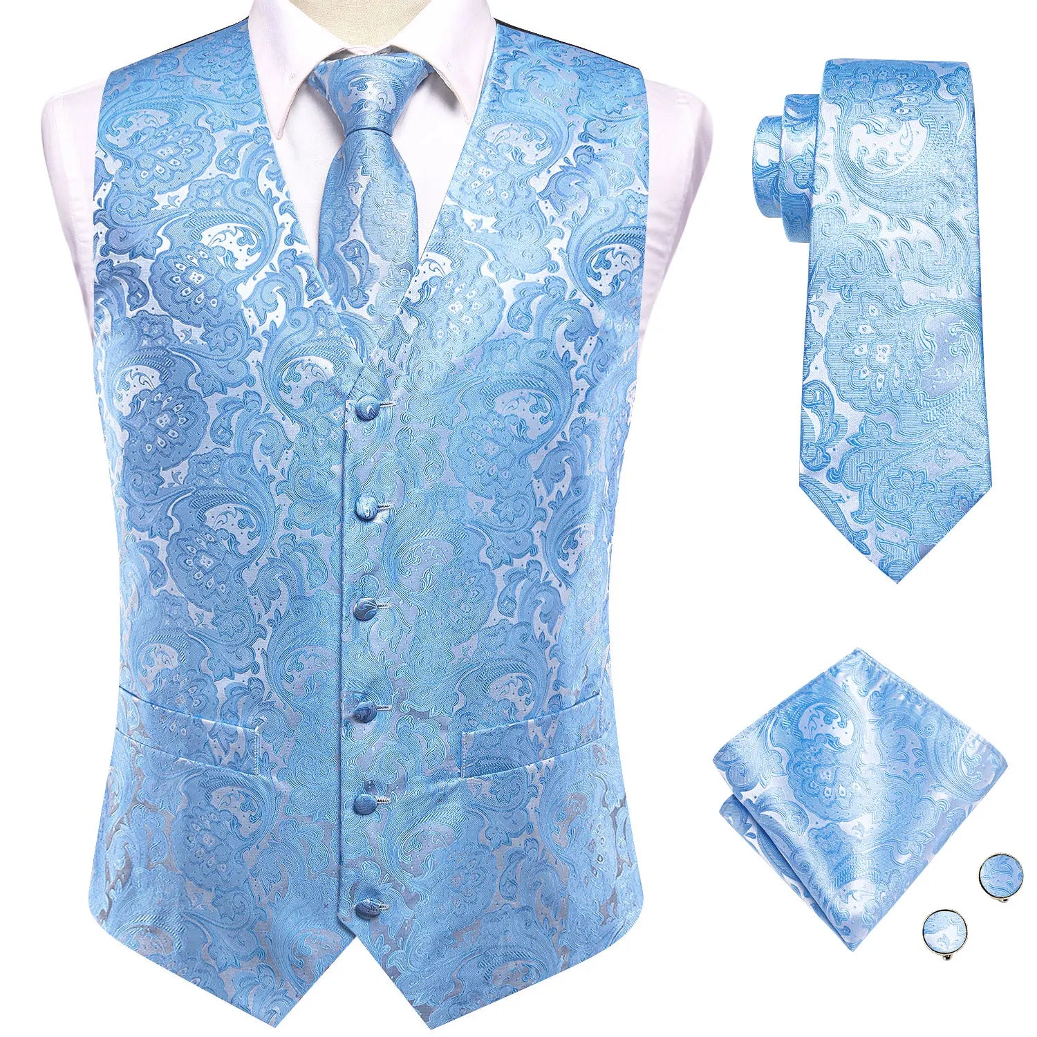 Hi-Tie Brand Silk Mens Vests Grey Black Gold Navy Blue Red Burgundy Jacquard Waistcoat Jacket NeckTie Hanky Cufflinks for Men