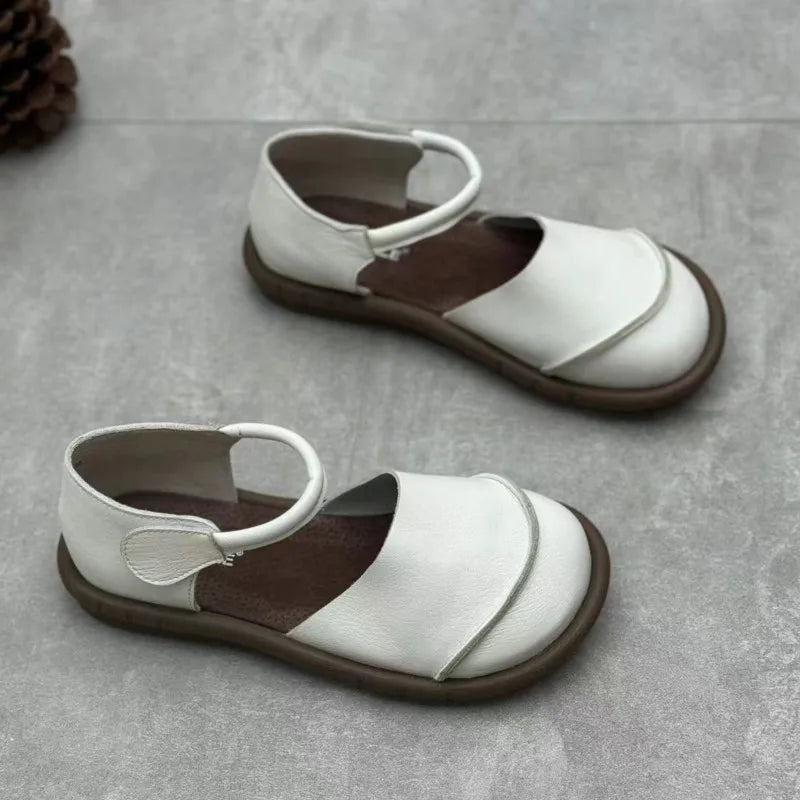 Johnature Retro Handmade Genuine Leather Flats Sandals 2025 Summer New Casual Versatile Comfortable Soft Sole Women's Shoes