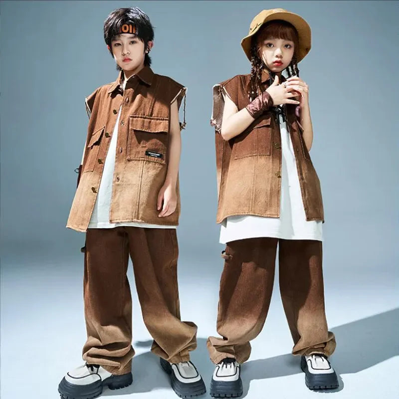Sets Kids Showing Cool Tee Street Dance Child Jazz Costumes Boys Hip Hop Brown T-shirt Girls Loose Print Cargo Shorts Clothes