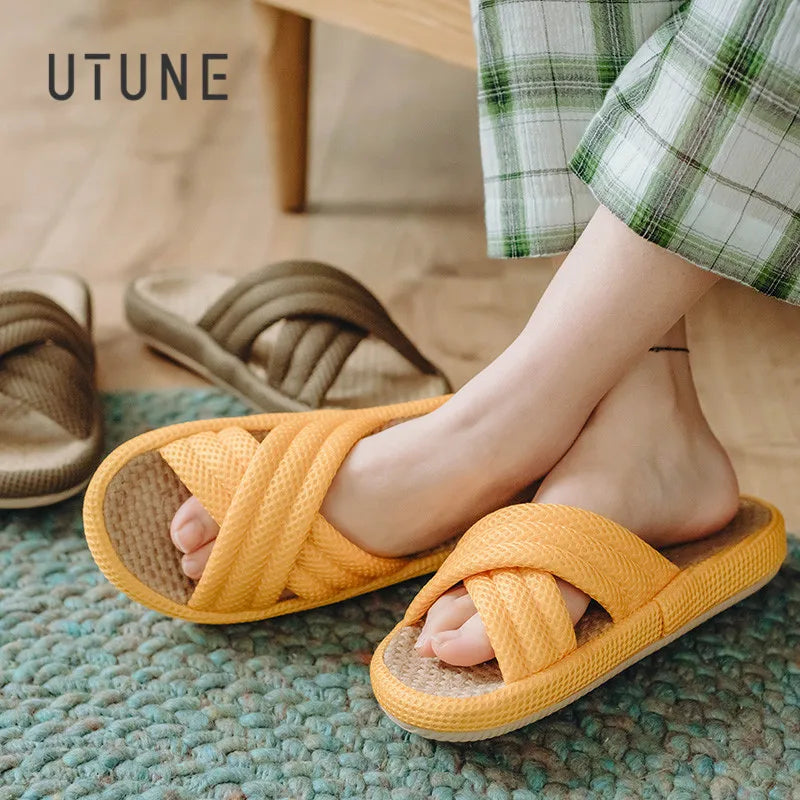 UTUNE Linen Women Slippers Outdoor Summer Mute Light Vacation Travel Comfortable Shoes Anti-slip Flat Thick Sole Home Slides