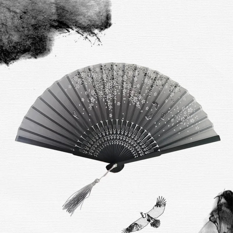 Chinese Bamboo Silk Hand Folding Fan Black