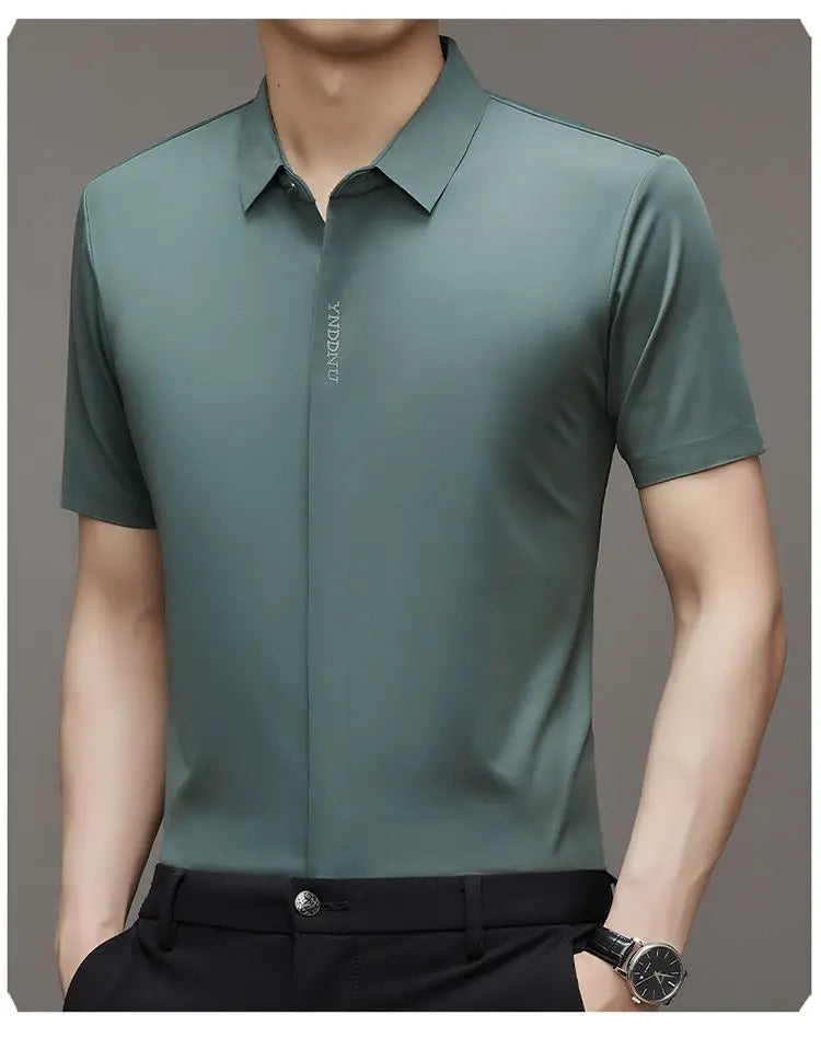 High end  Mulberry Silk Men Short Sleeve Business Shirt Wrinkle Resistant Button Invisible Top Elastic Luxurious Men Shirts