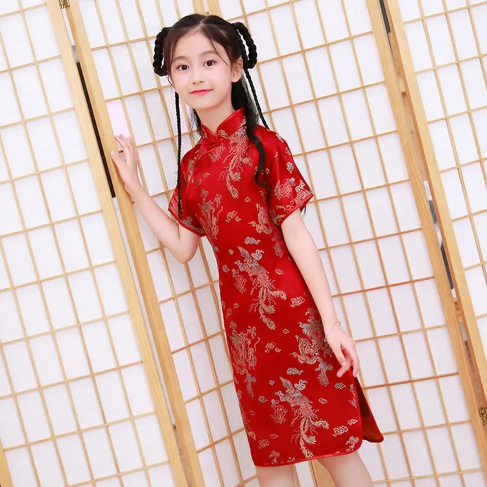 Kids Girls Satin Dress Cheongsams Hanfu Tight Phoenix Print Dress Chinese Traditional Costumes Princess Girls Dress Cheongsams