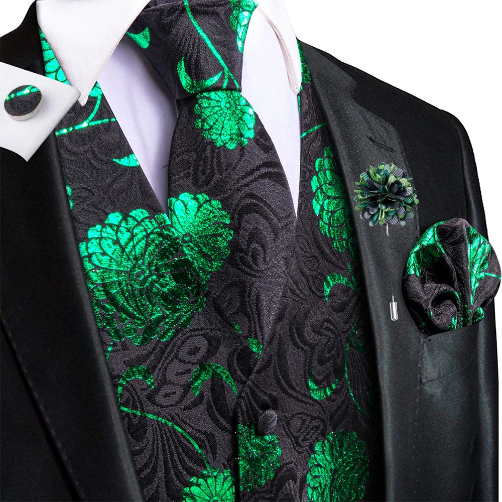 Luxury Gold Black Silk Mens Vests Print Jacquard Waistcoat Tie Hanky Cufflinks Brooch Set for Men Wedding Formal Business Hi-Tie