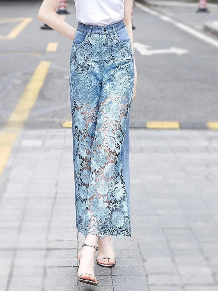 High Waist Pantalones De Mujer Lace Patchwork Hollow Out Fashion Elegant Jeans for Women All Match Casual Loose Summer Pants