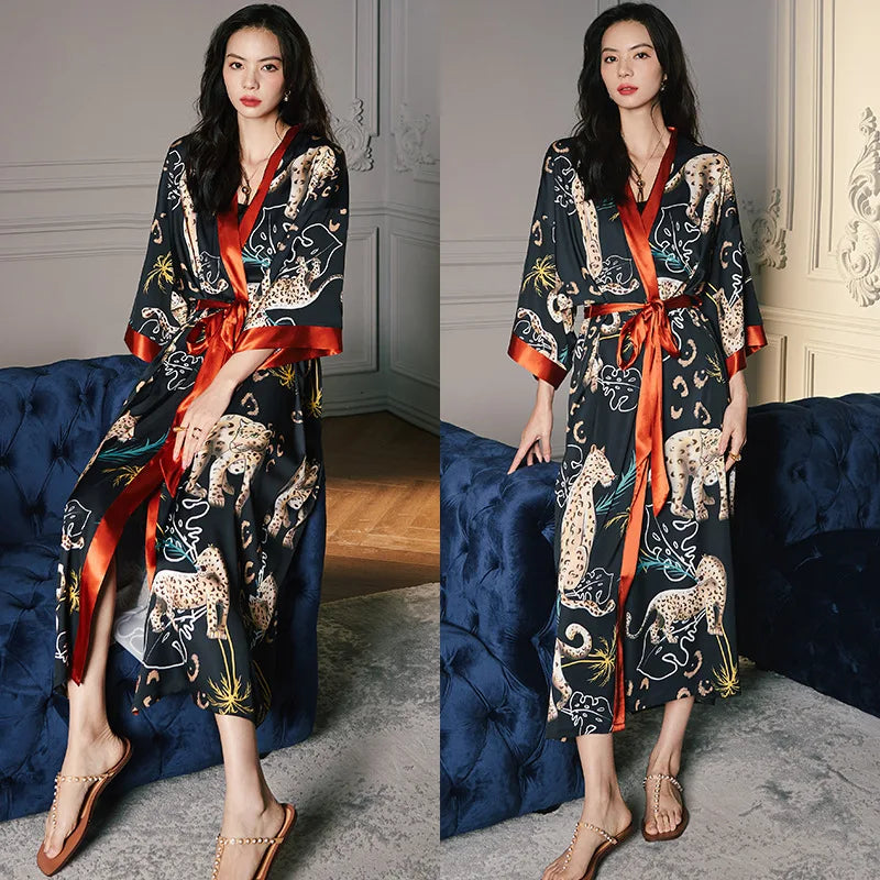 Print Flower Long Kimono Bathrobe Gown Sexy Women Half Sleeve Wedding Robe Nightgown Spring Summer Rayon Home Dress Sleepwear