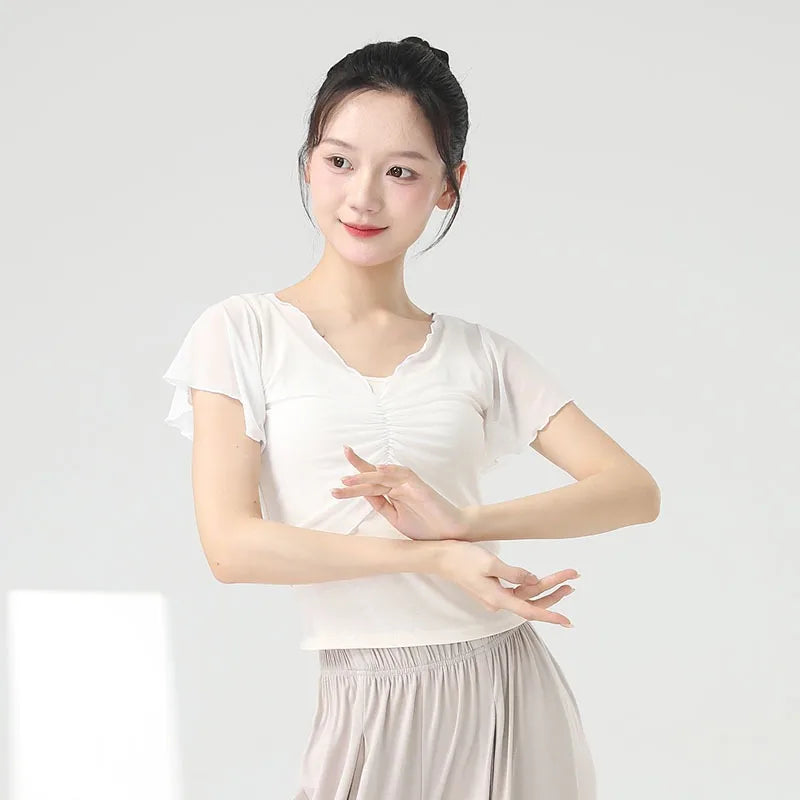 Dance Tops Women Modern Practice Clothes Dancewear Short Sleeved Gauze Pleated T-shirt Solid Color Stage Costume Top New Arrival