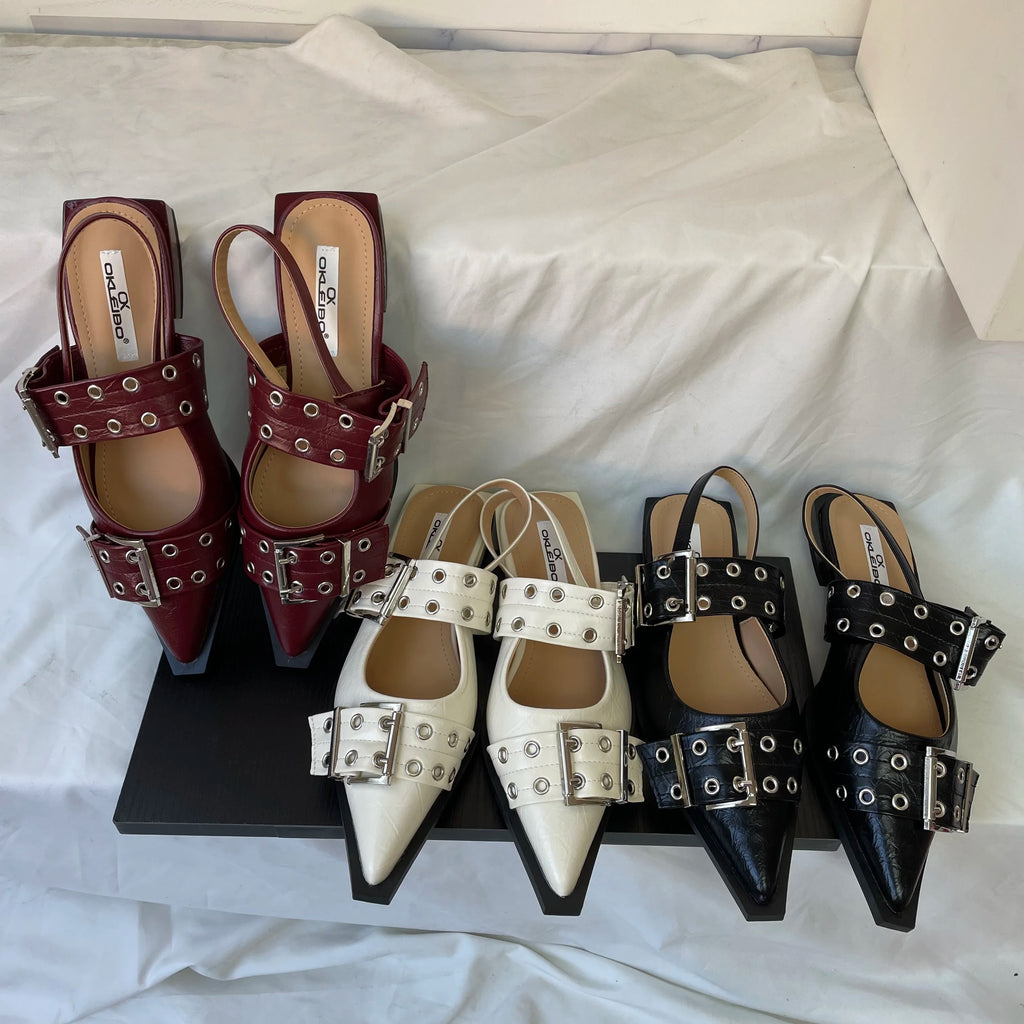 New Sandals Women Flats Shoes Fashion Metal Buckle Shoes 2025 Spring Pointed Toe Shallow Footwear Slingbacks Ladies Sandals