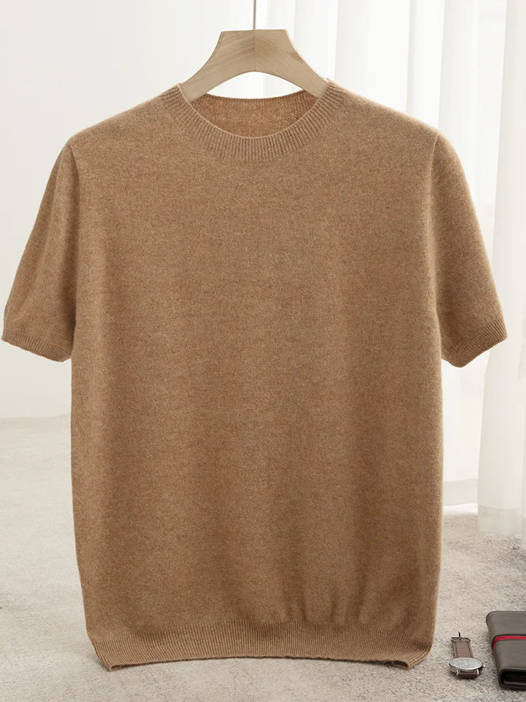 New Summer Autumn Men's 100% Merino Wool Pullover O-Neck Short Sleeve Jumper Cashmere Sweater Soft Casual Tops T Shirt