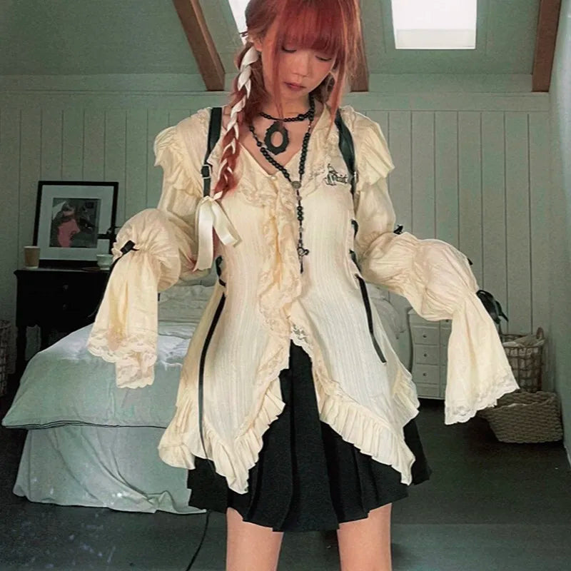 Y2k Gothic Lace Shirt Harajuku Bandage Blouse