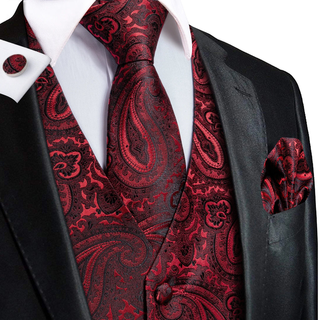 Hi-Tie Men's Silk Vests Fashion Dark Green Floral Jacquard Handkerchief Cufflinks Necktie Sleeveless Wistcoat Sets Wedding Party