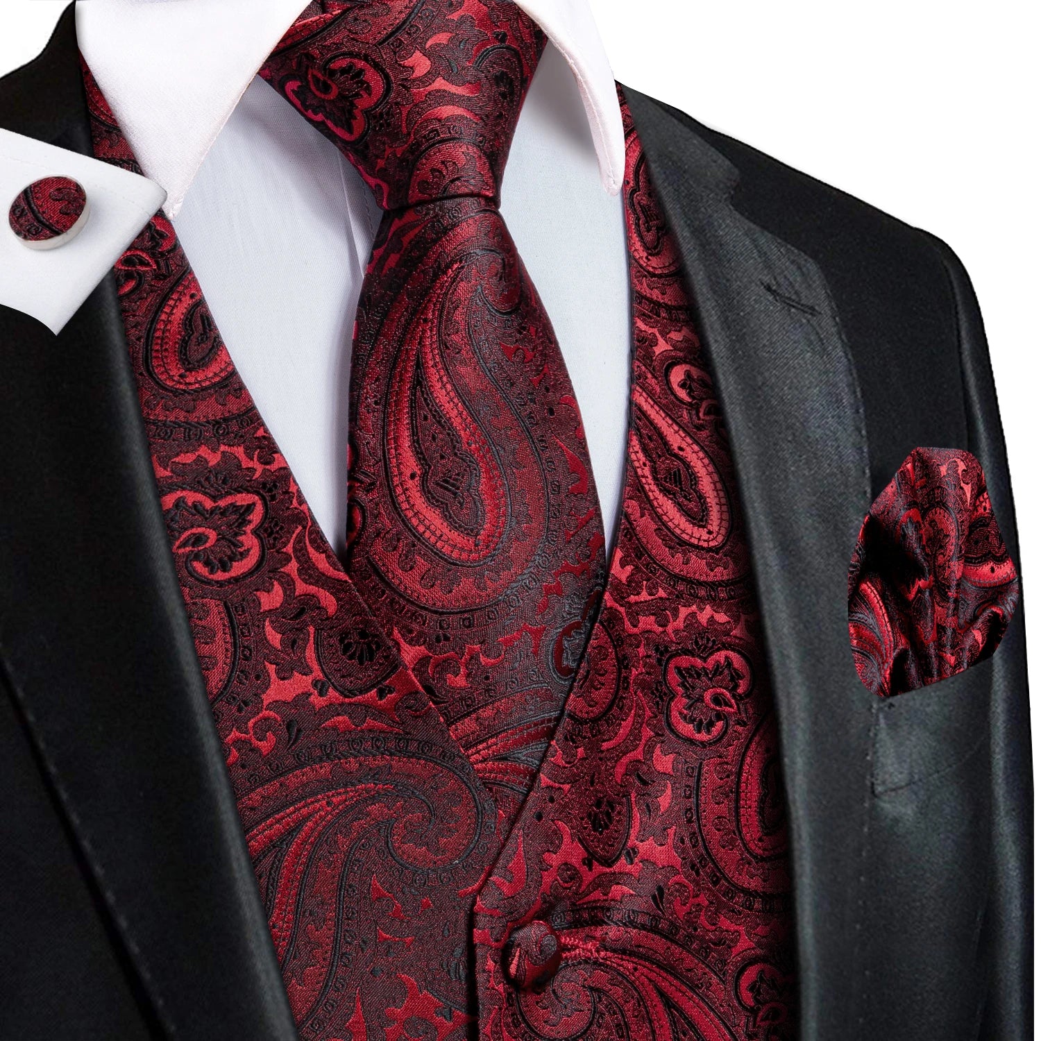 Hi-Tie Men's Silk Vests Fashion Dark Green Floral Jacquard Handkerchief Cufflinks Necktie Sleeveless Wistcoat Sets Wedding Party