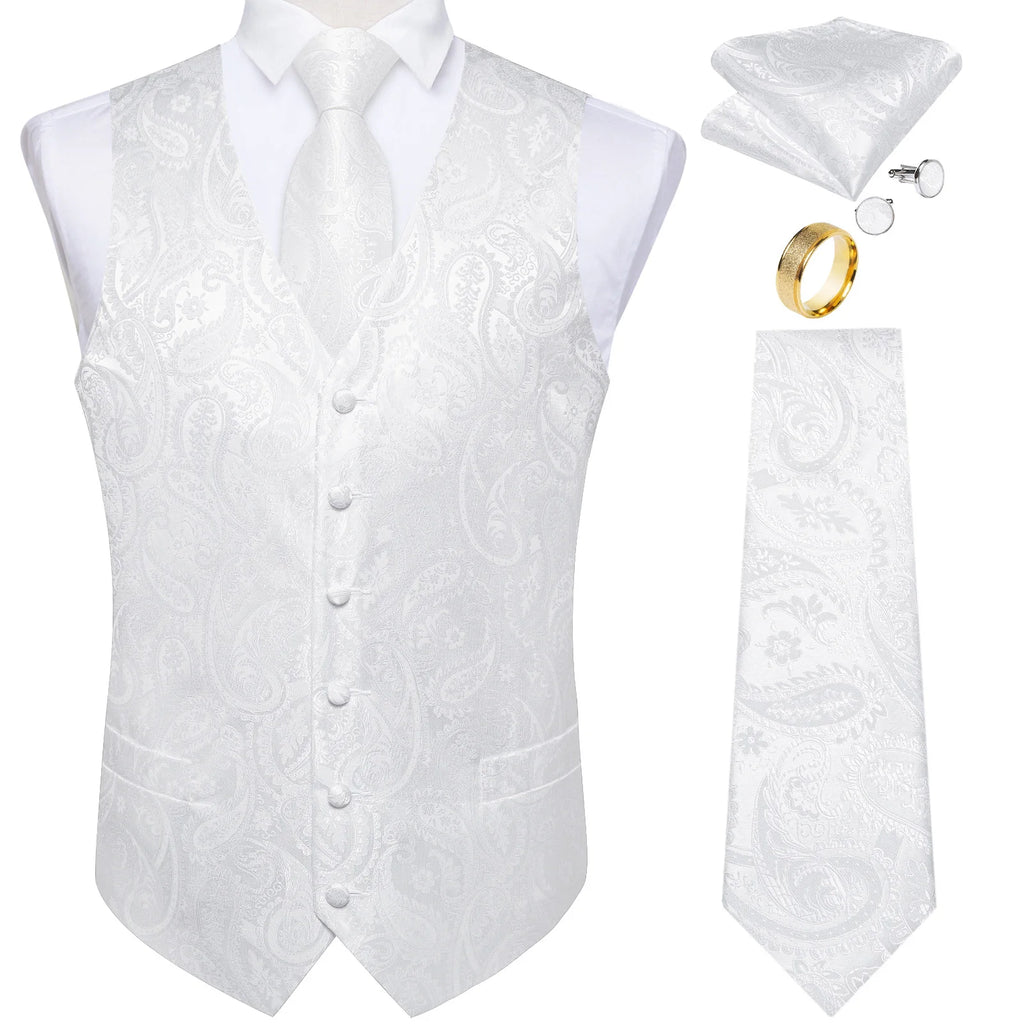 Fashion Green Paisley Vest for Man Business Festival Dress Fit Men's Waistcoat Luxury Silk Necktie Pocket Square Cufflinks Ring