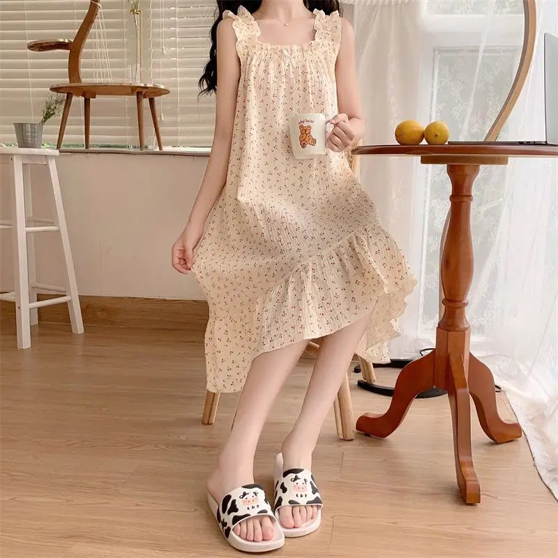 Cherry Nightgown Sleepwear Women Korean Ruffles Summer One Piece Pajamas Dress Sleeveless Night Sleeping Slash Neck Home Wear