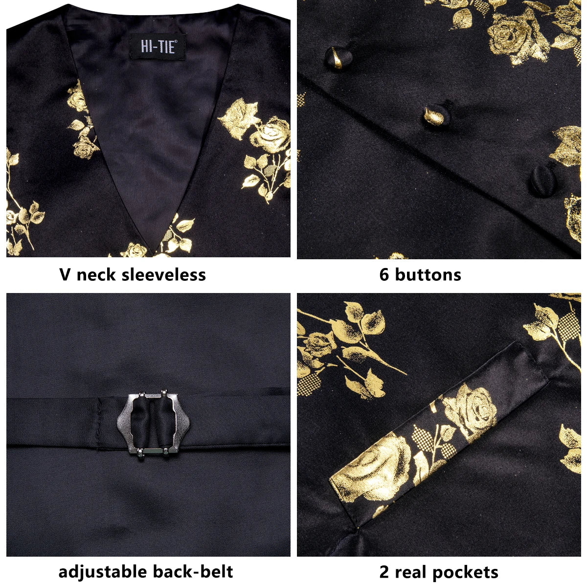 Luxury Gold Black Silk Mens Vests Print Jacquard Waistcoat Tie Hanky Cufflinks Brooch Set for Men Wedding Formal Business Hi-Tie