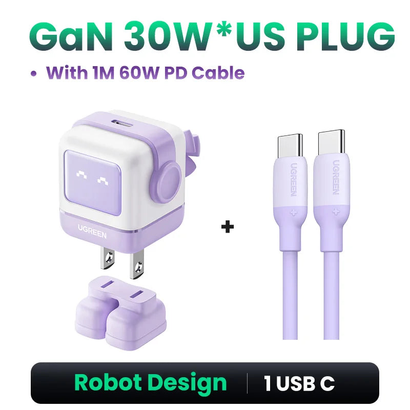 【US Plug】UGREEN 30W 65W GaN Charger Robot Design PD3.0 Fast Charger PPS for iPhone 17 16 Macbook Laptops Samsung XiaomiTablets