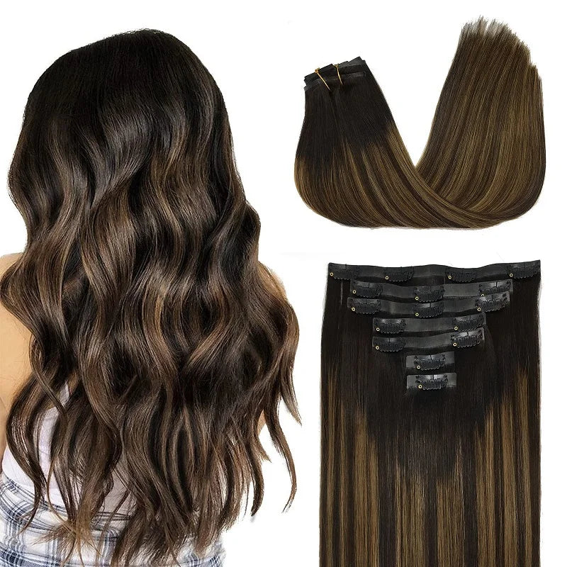 PU Clip in Extensions Human Hair Clip in Natural Thick Straight Hair Extensions Seamless Skin Weft Clip-on Hair Pieces 150G