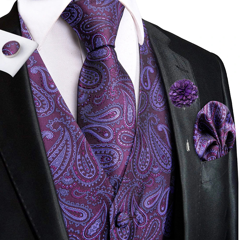 Luxury Gold Black Silk Mens Vests Print Jacquard Waistcoat Tie Hanky Cufflinks Brooch Set for Men Wedding Formal Business Hi-Tie