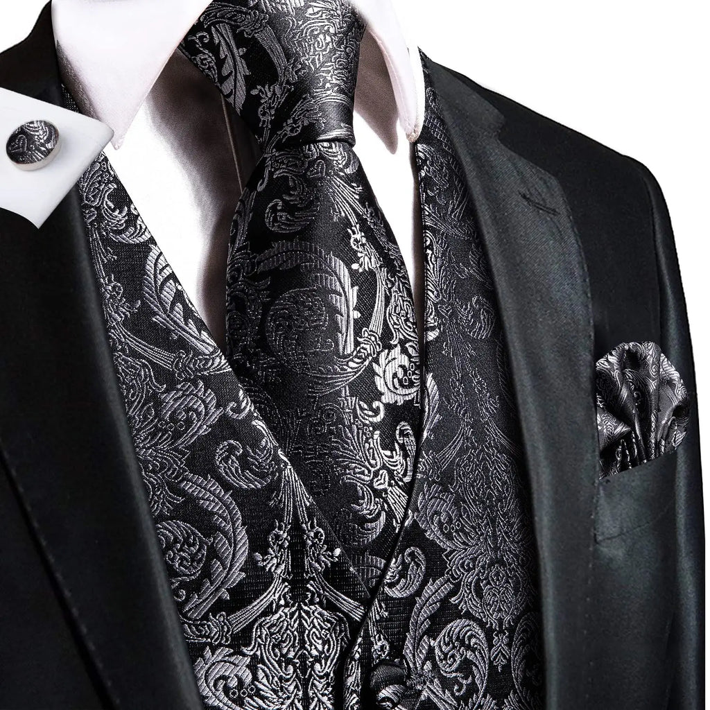 Hi-Tie Silk Ivory Beige Champagne Gold Mens Vests Tie Hankerchief Cufflinks Set Jacquard Vine Waistcoat for Men Suit Dress